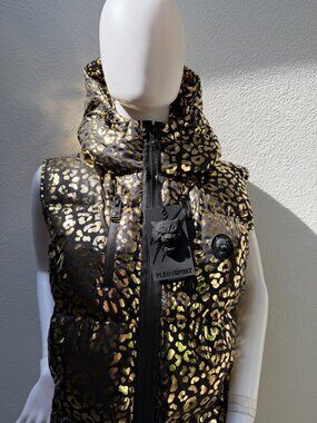 NWT PLEIN SPORT Metallic Gold Leopard Puffer Vest Gilet - M